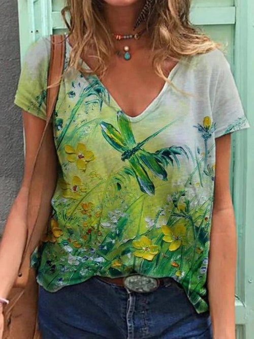 T-shirt col V peinture d'art floral