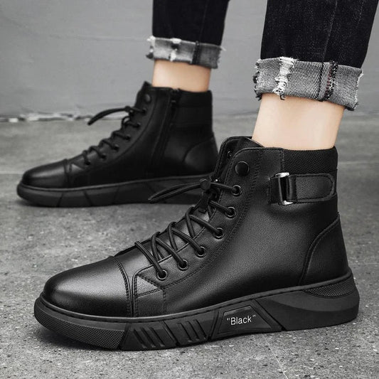 David - Bottines en cuir véritable pour hommes, noires et décontractées