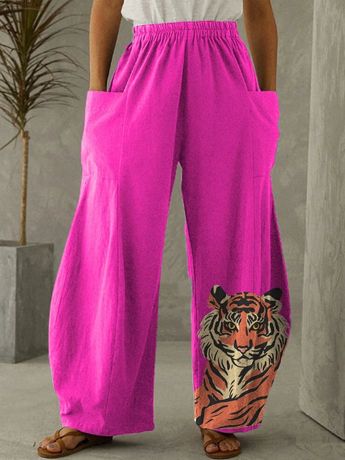 Pantalon à taille élastique et à jambes larges pour femmes Pantalon décontracté en forme de tigre rose