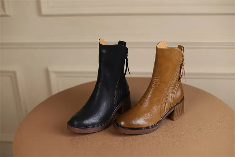 Mabel - The Fashion Round Toe Thick Heel Leather Boots