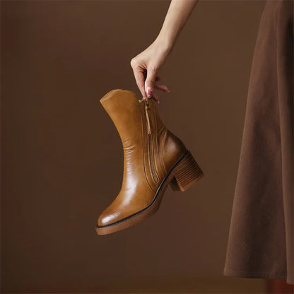 Mabel - The Fashion Round Toe Thick Heel Leather Boots