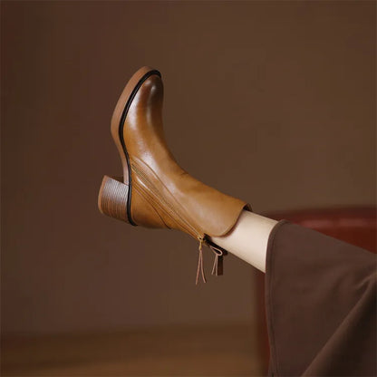 Mabel - The Fashion Round Toe Thick Heel Leather Boots