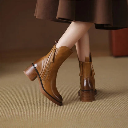 Mabel - The Fashion Round Toe Thick Heel Leather Boots