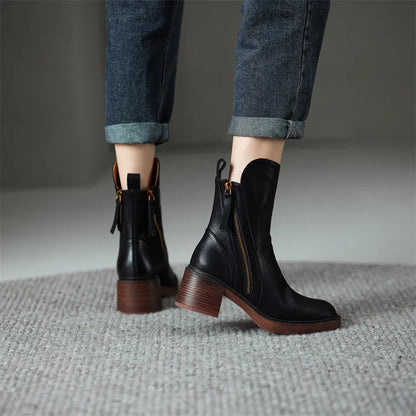 Mabel - The Fashion Round Toe Thick Heel Leather Boots