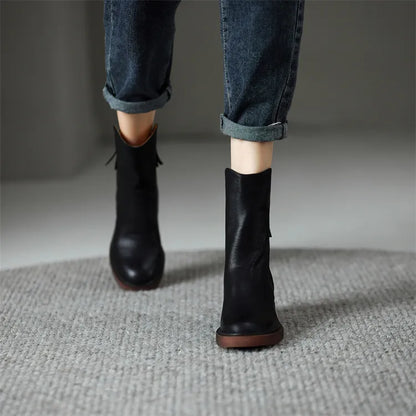 Mabel - The Fashion Round Toe Thick Heel Leather Boots