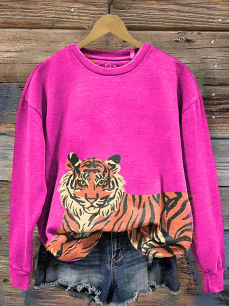 Pull à manches longues à col rond avec impression artistique tigre rose