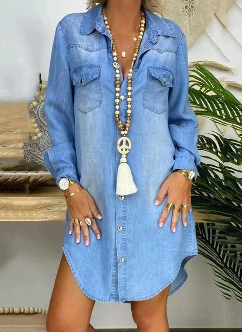 Jasmine - Robe-chemise en denim uni, ample et à manches longues