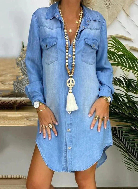 Jasmine - Robe-chemise en denim uni, ample et à manches longues