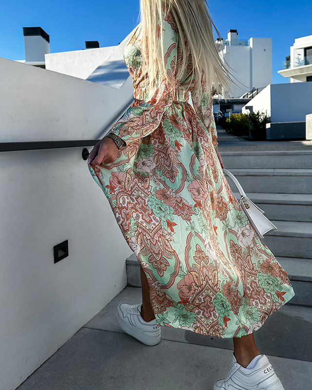 Robe midi à manches longues avec motifs paisley fleuris pour le printemps