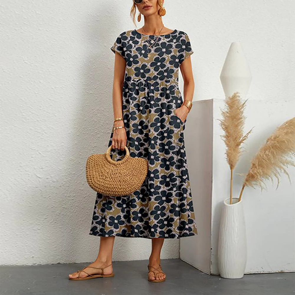 Modern Floral Print Short Sleeve Midi Dress