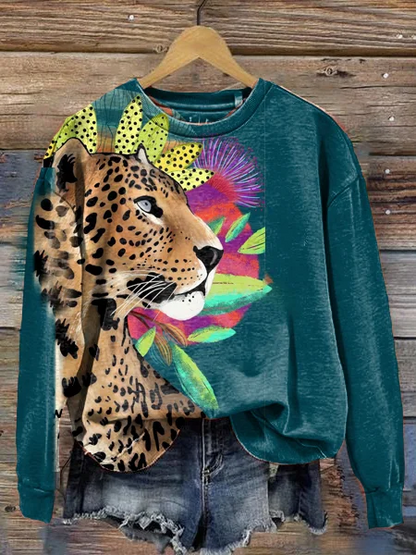 Sweat-shirt pour femmes à col rond et manches longues avec imprimé animalier