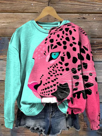 Sweat-shirt pour femmes à col rond et manches longues avec imprimé animalier