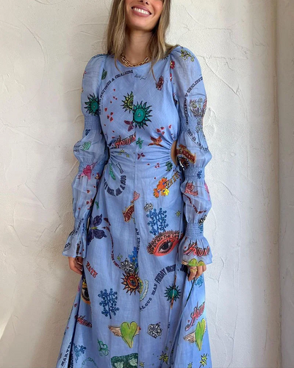 Robe longue à taille creuse avec manches lanternes peintes sur mesure