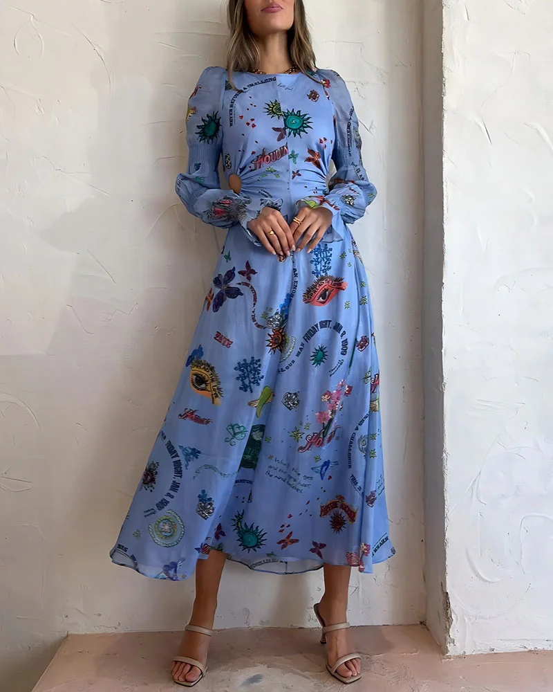 Robe longue à taille creuse avec manches lanternes peintes sur mesure