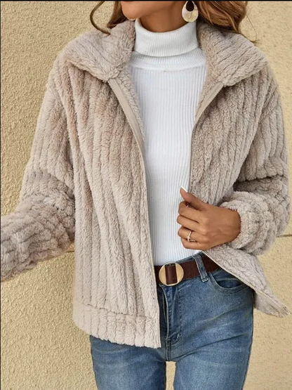 Veste courte à revers avec fermeture à glissière manteau d'hiver chaud en polaire avec fermeture à glissière manteau décontracté top