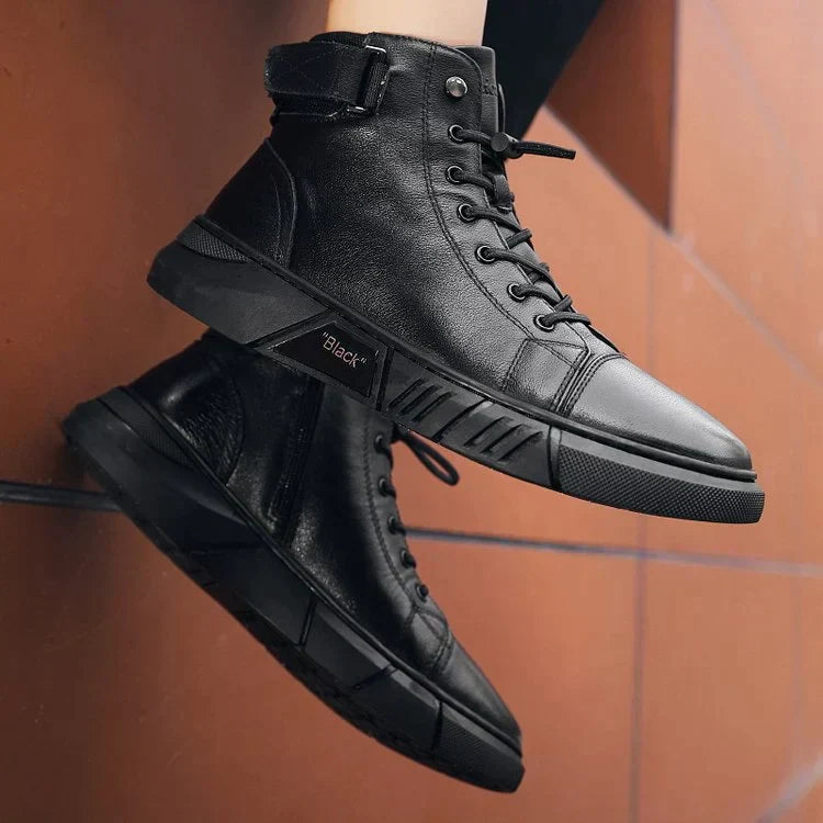 David - Bottines en cuir véritable pour hommes, noires et décontractées