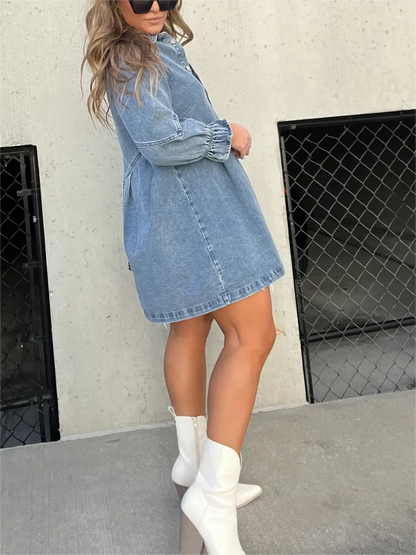 ROBE À MANCHES BOUFFANTES EN DENIM LAVÉ